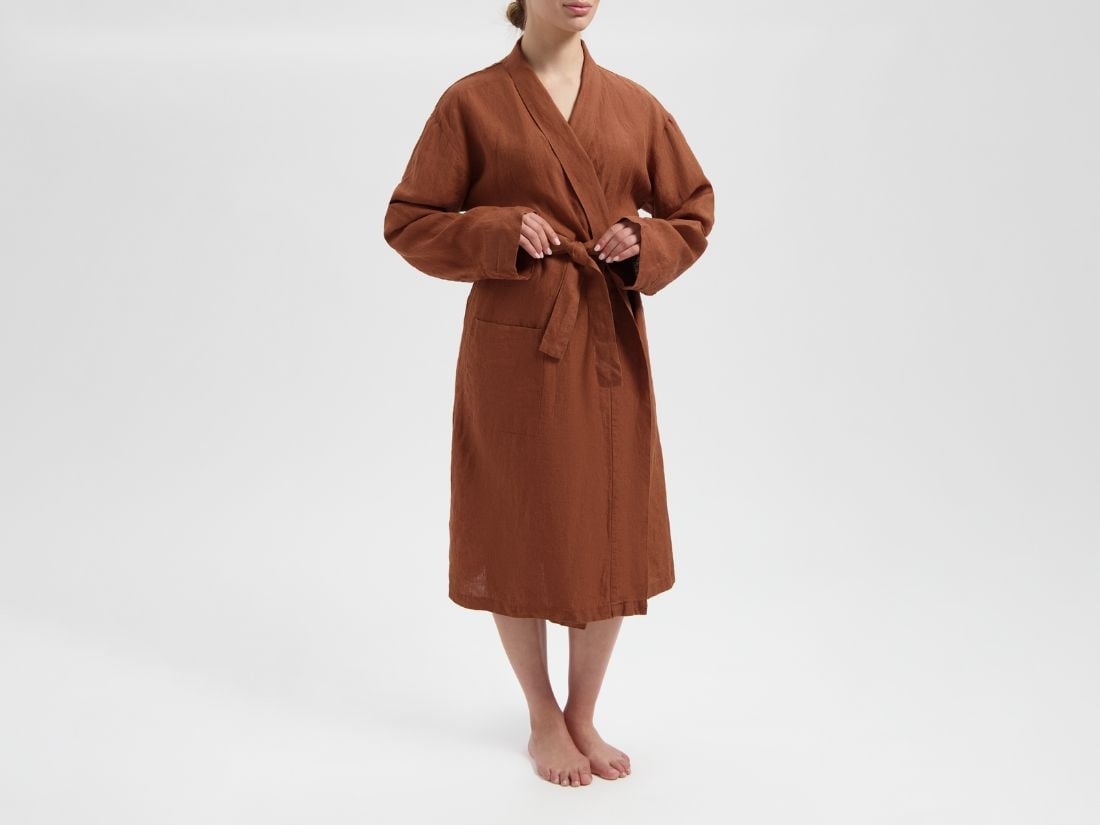 Kimono Bademantel Gewaschenes Leinen Almond Brown M