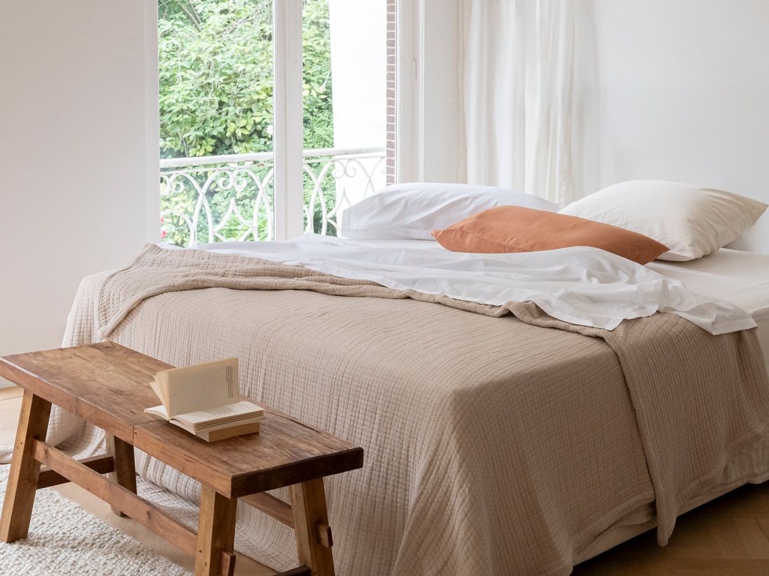 Musselin-Tagesdecke Bio-Baumwolle Stitch Light Taupe