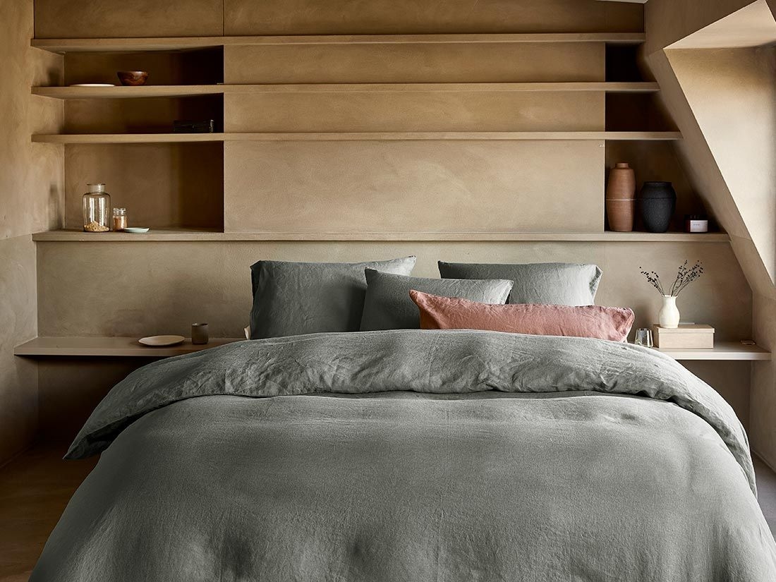 Leinen-Bettwäsche Stone Green 200x220 + 2/80x80