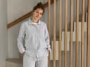 Pyjamaoberteil Damen Flanell Light Grey/white Stripe