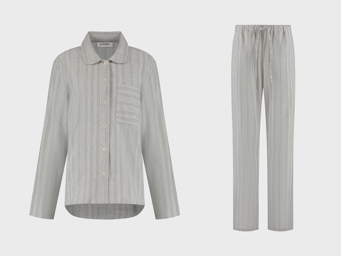 Pyjama-Set Damen Flanell Light Grey/White stripe